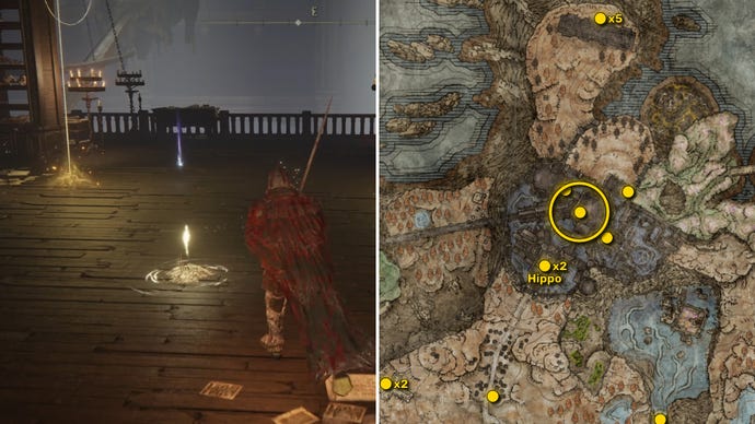 Two screenshots from Elden Ring: Shadow Of The Erdtree. Left: the player approaches a Scadutree Fragment. Right: the location of that Scadutree Fragment on the map.