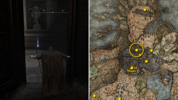 Two screenshots from Elden Ring: Shadow Of The Erdtree. Left: the player approaches a Scadutree Fragment. Right: the location of that Scadutree Fragment on the map.