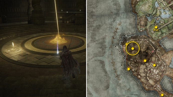 Two screenshots from Elden Ring: Shadow Of The Erdtree. Left: the player approaches a Scadutree Fragment. Right: the location of that Scadutree Fragment on the map.