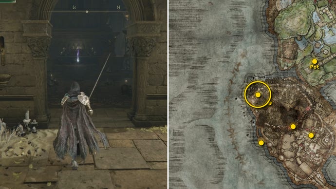 Two screenshots from Elden Ring: Shadow Of The Erdtree. Left: the player approaches a Scadutree Fragment. Right: the location of that Scadutree Fragment on the map.