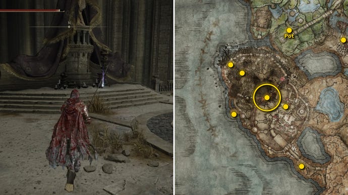 Two screenshots from Elden Ring: Shadow Of The Erdtree. Left: the player approaches a Scadutree Fragment. Right: the location of that Scadutree Fragment on the map.