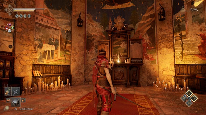 The player stands in front of a beautiful Italian Fresco.