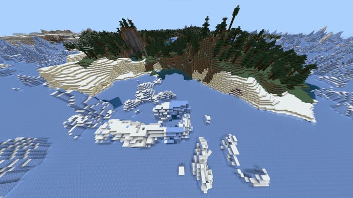 Screenshot of the 'Frozen Treasures' Minecraft Seed showing a coastal region with mountains in the distance.