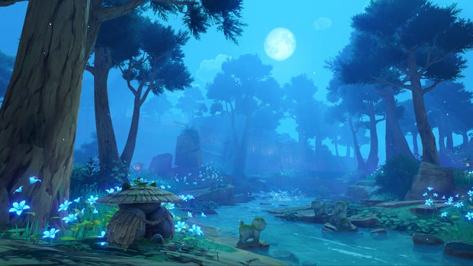 A moonlit scene of a riverbank in Genshin Impact.