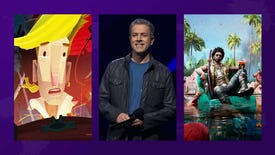 Three blocks display three seperate images. The first is a cartoon pirate looking shocked. The second is of Geoff Keighley, smiling on stage. The third shows a man relaxing in a pool as zombies approach him from behind.