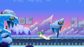 Yumetaro balances on his star as he uses it to traverse some spikes in an icy level from Gimmick! 2.