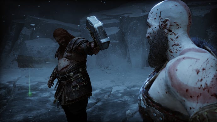 Thor points his hammer at Kratos in God Of War Ragnarok.