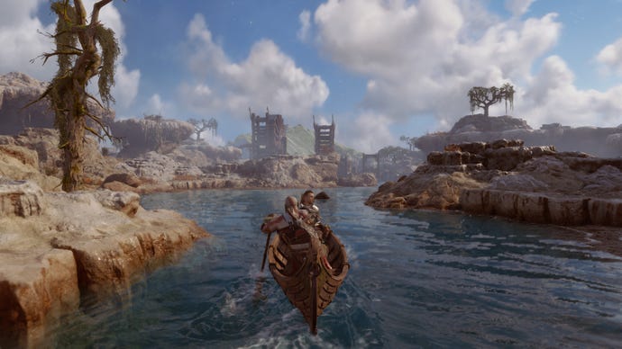 Kratos and Atreus in a boat in God Of War Ragnarok.