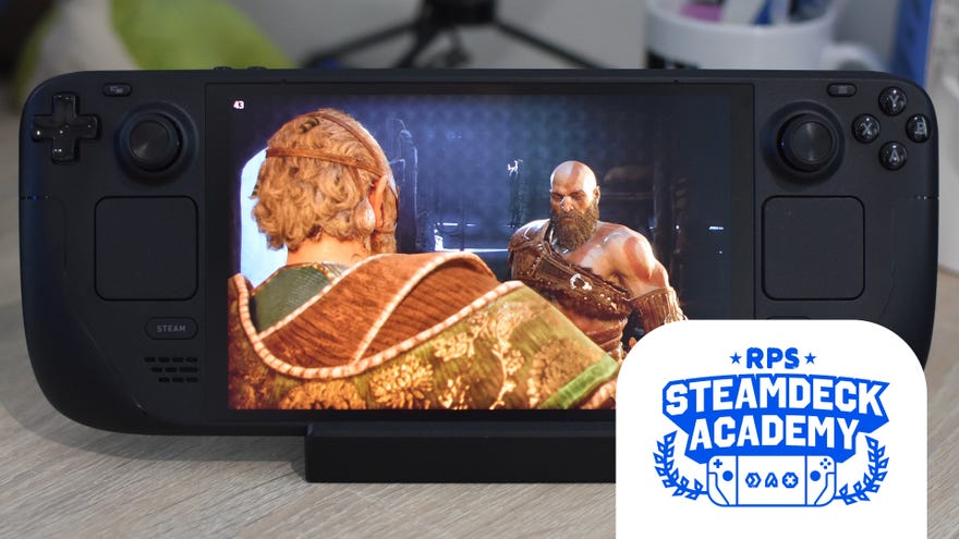 God of War Ragnarok running on a Steam Deck OLED. The RPS Steam Deck Academy logo is added in the bottom-right corner.