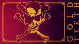 A skull and bones symbol in gold against a rich red background with the words "Gold Teeth" on their side to its right.