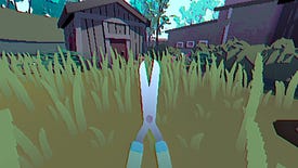 A pair of shears are held aloft in front of a very grassy garden in Grunn