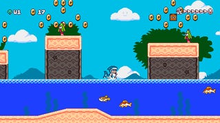 A young kitsune dressed in a shark suit sits in a pool of water between two rock pillars as fish swim beneath her, in Kitsune Tails.