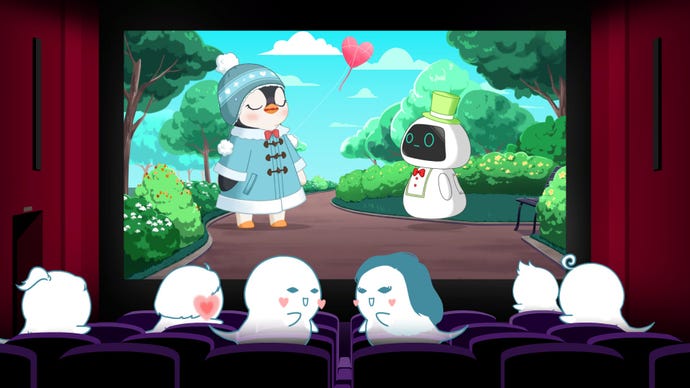 A penguin blushes at a robot on a cinema screen, as two ghosties lean in for a kiss in their seats in Love, Ghostie.