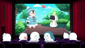 A penguin blushes at a robot on a cinema screen, as two ghosties lean in for a kiss in their seats in Love, Ghostie.