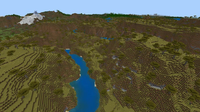 Screenshot of a Minecraft Bedrock landscape of savanna hills and rivers.