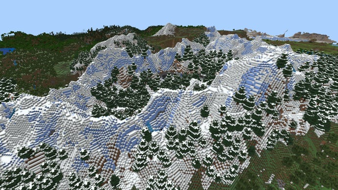 Screenshot of a mountain range of snow and ice in a Minecraft Bedrock world.