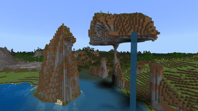 Screenshot of an interesting coastal rock formation in a Minecraft Bedrock world, held up by a single tiny strand of stone.