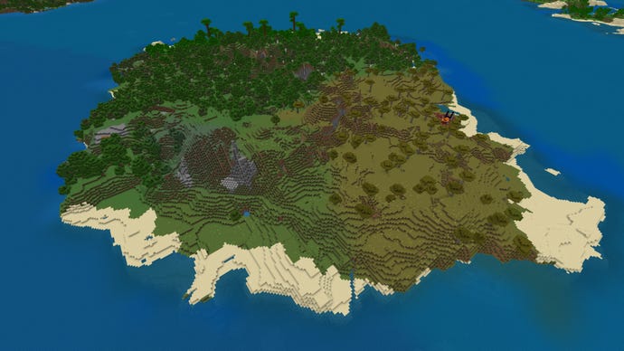 Screenshot of a large island surrounded by ocean in a Minecraft Bedrock world.