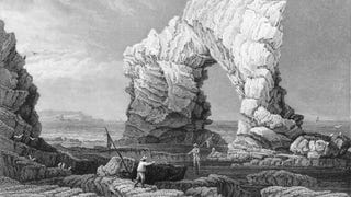 An old black and white vintage illustration depicting a view of the majestic Arched Rock near the shore of Freshwater Bay, Isle of White.