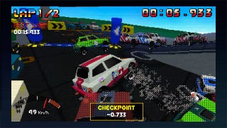 A car and several ghost cars skid around a parking garage in Parking Garage Rally Circuit.