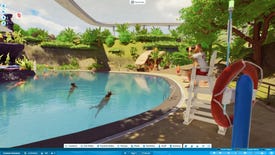 A lifeguard looks through his binoculars as guests swim in a pool.