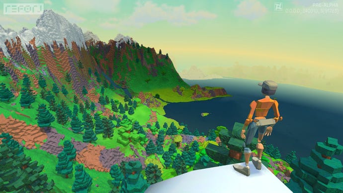 A character looks out over a landscape in Reforj, a new game from the developers of Minecraft's console ports.