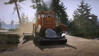 A screenshot from RoadCraft's reveal trailer that shows a heavy vehicle doing some paving.