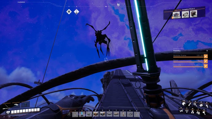 A bug-like figure leaps at the player under the cover of darkness in Satisfactory.