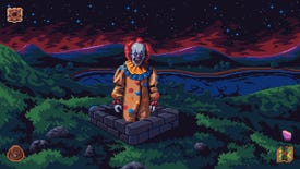 A creepy clown who resembles Pennywise stands out of a hole in the ground in Devil's Hideout.