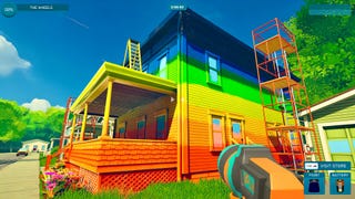 A spray gun has painted a building in rainbow colours in Spray Paint Simulator.