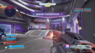 Shooting some enemies with an assault rifle in Splitgate 2's alpha test.