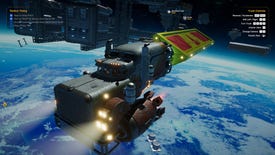 A truck hauls a yellow, triangular trailer above a blue planet in Star Trucker.