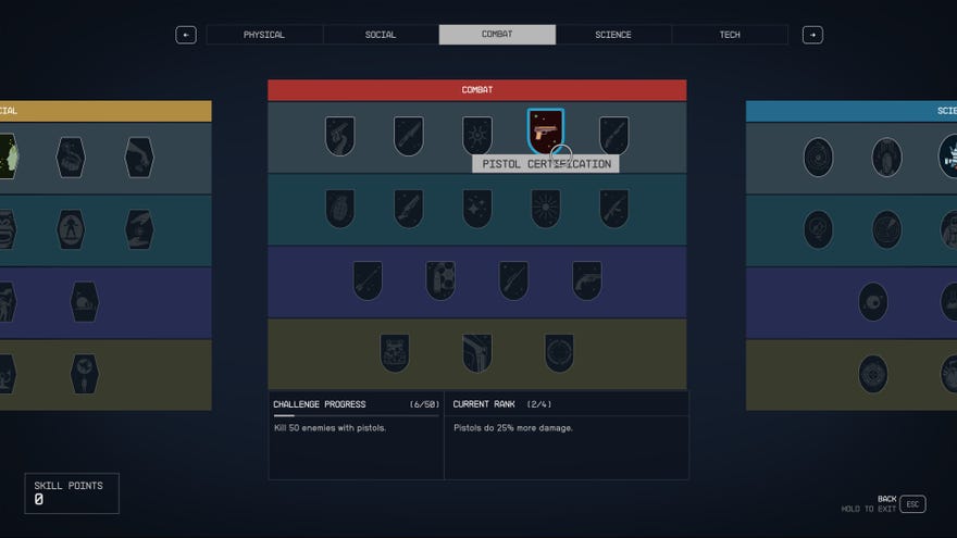 The skills screen in Starfield, showing the Pistol Certification skill at the top of the Combat skill tree.