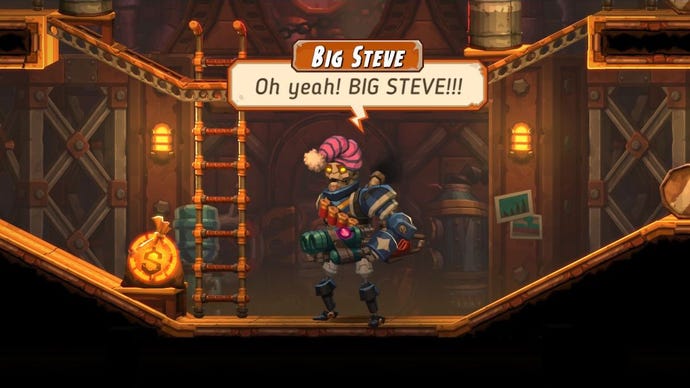 A dieselbot with a silly hat shouts his own name: "BIG STEVE!"