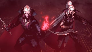 Two vampires prepare to do battle, armed with a sword, daggers and fire, in V Rising's 1.0 launch trailer