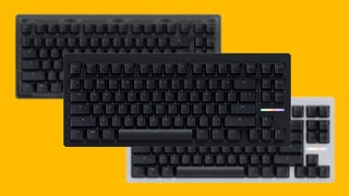 Three colour variations of the Wooting 80HE keyboard against a yellow background.